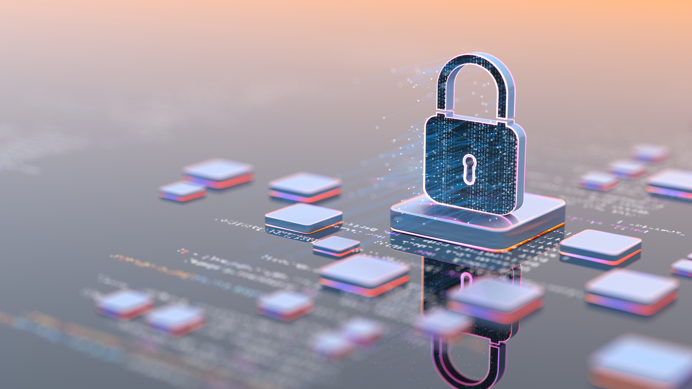 A digital illustration of a futuristic padlock representing digital security and data protection.